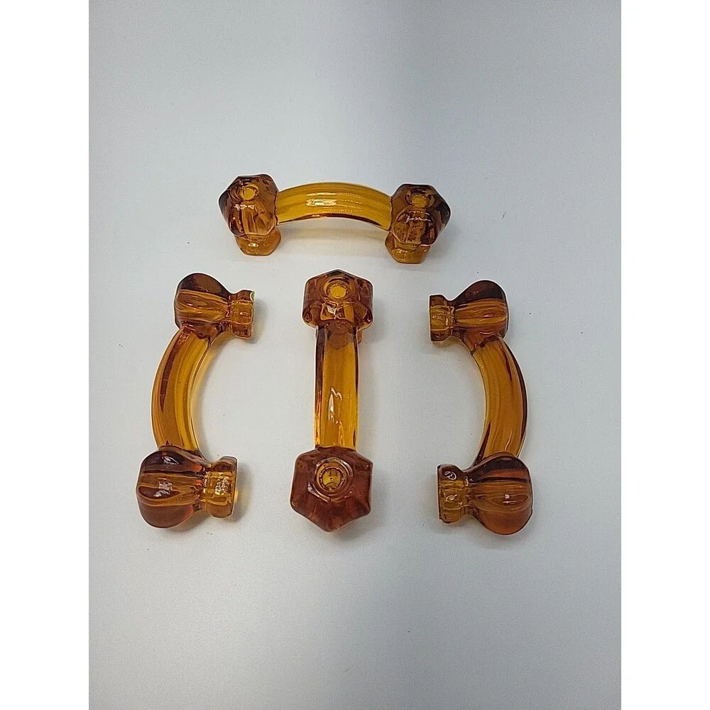 Set Of 4 Amber Glass Drawer Pulls Handles Vintage Depression Style NO HARDWARE